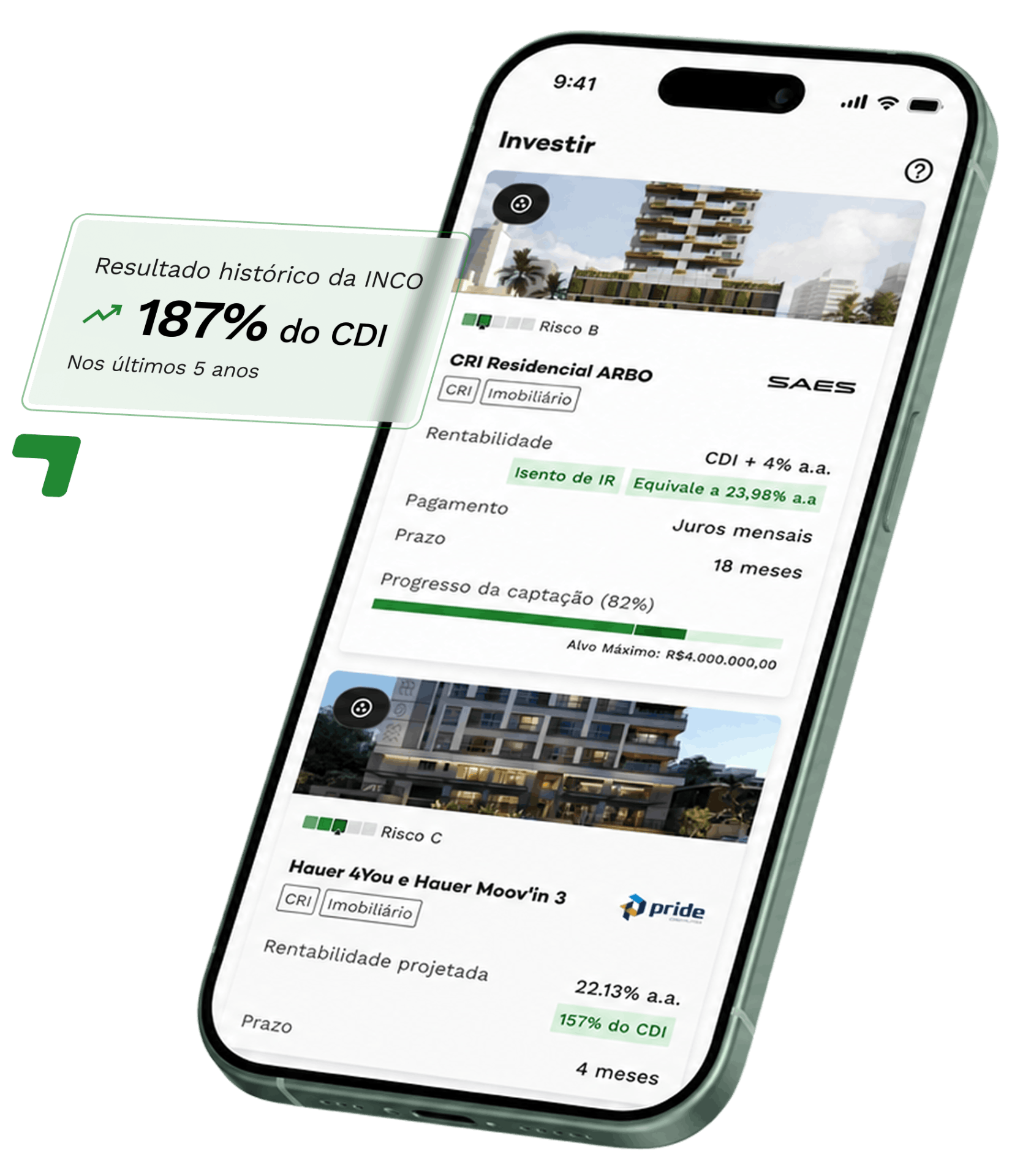 App INCO mostrando oportunidades de investimento com card 187% do CDI