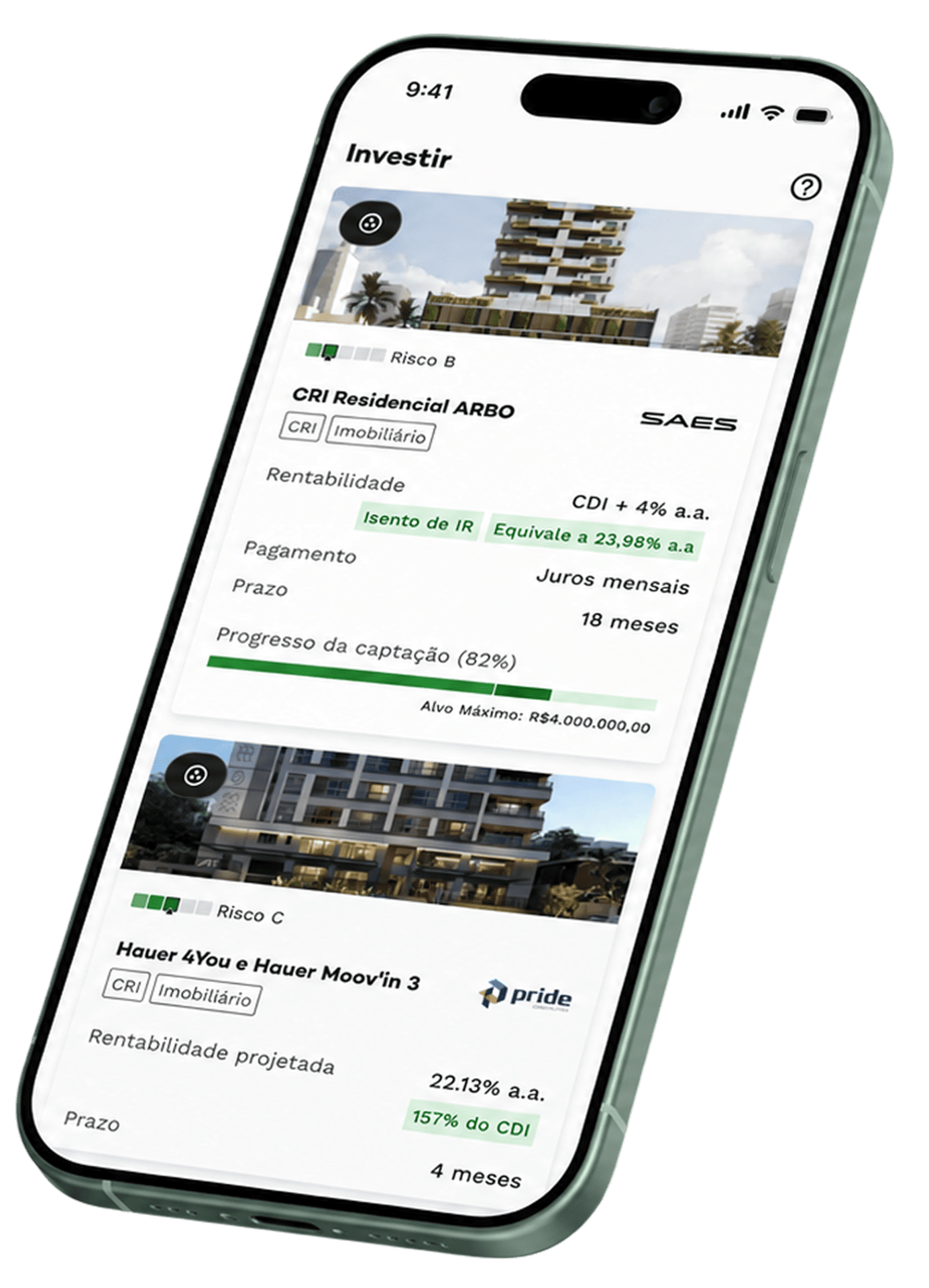 App INCO mostrando oportunidades de investimento